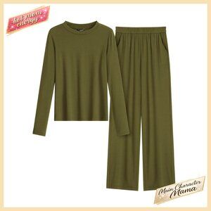 Long Sleeve Crewneck Top & Wide Leg Pants 2-Piece Lounge Set